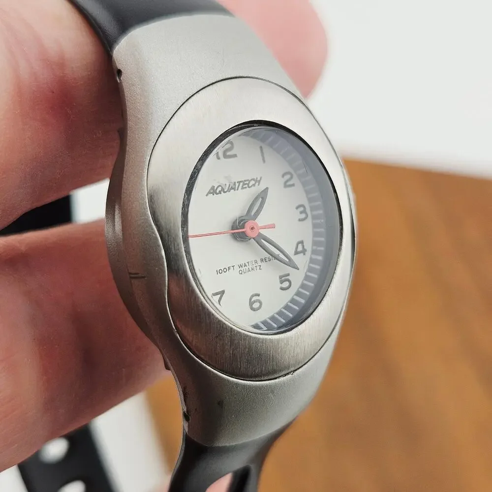 Aquatech Silver Tone Unisex Watch Artsy Bold Futuristic Avant Garde Black Band